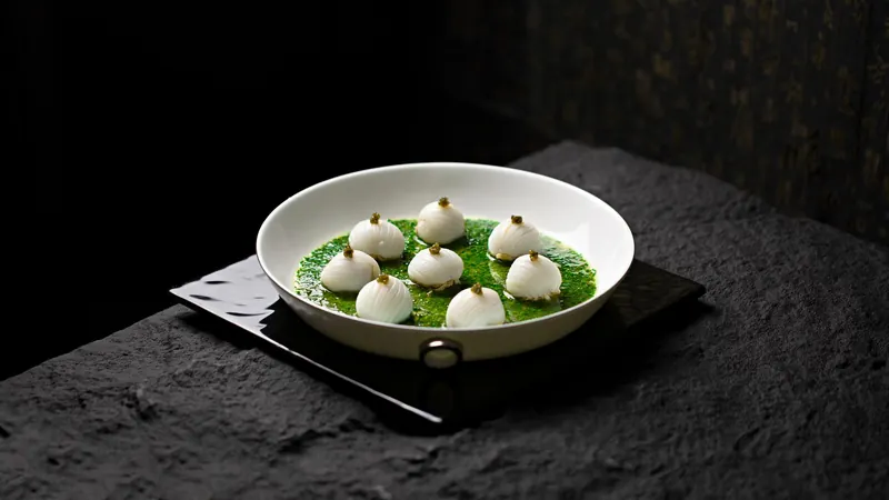 Albóndigas blancas sobre salsa verde en un plato hondo