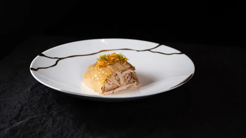Pollo deshilachado con piel crocante en plato blanco